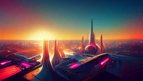 Premium Photo | Spaceship up to futuristic city neon ligths fractal ...