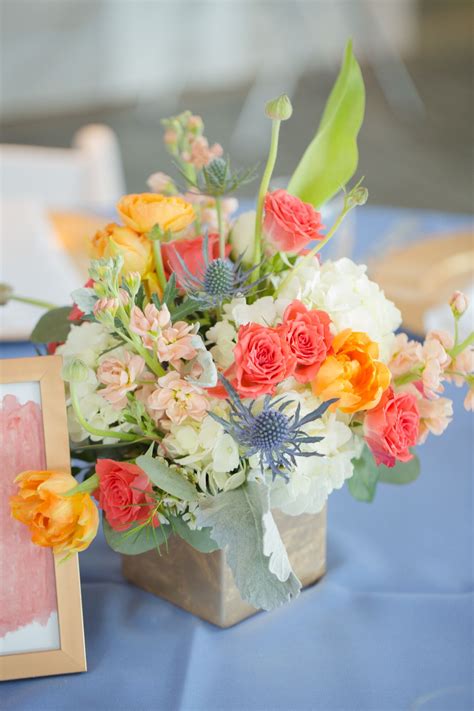 Coral and Blue Flower Arrangement