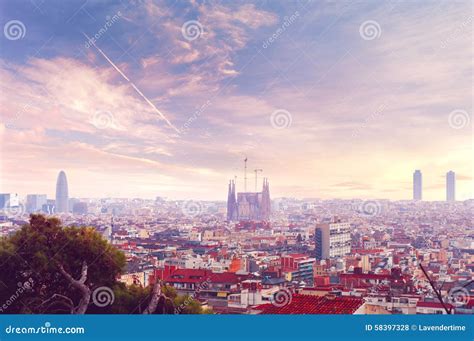 Barcelona Sunset Skyline View Stock Photo - Image of national ...