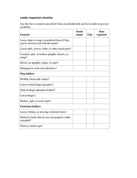 Ladder inspection checklist in Word and Pdf formats