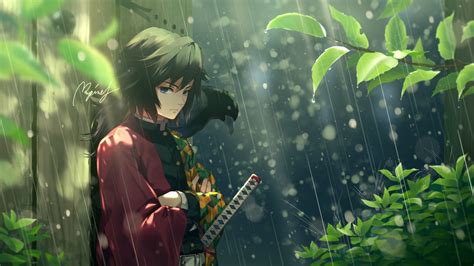 Demon Slayer Giyuu Tomioka Standing On Rain Around Plants HD Anime Wallpapers | HD Wallpapers ...