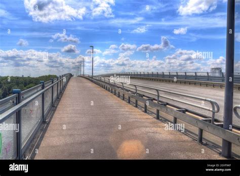 Different views at and from the big Kiel canal bridge in northern ...