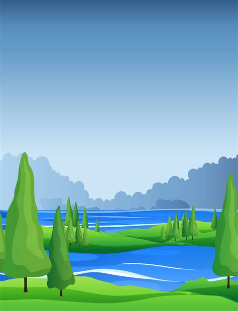 Scene with pine trees and river 447526 Vector Art at Vecteezy