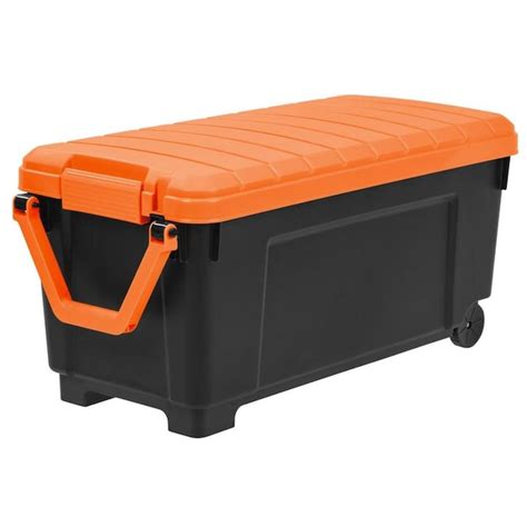 IRIS 169 Qt. Store-It-All Rolling Storage Tote with Handle in Black with Orange Lid and Buckles ...