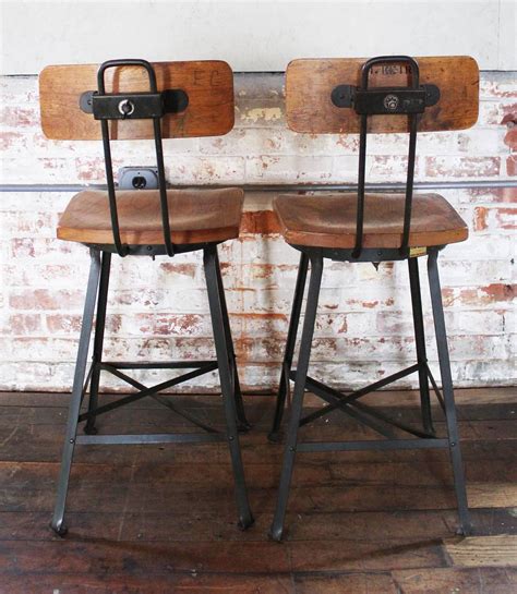 Pair of Vintage Industrial Wood and Metal Bar Stools For Sale at 1stdibs