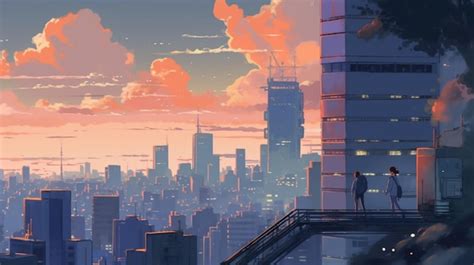 Premium AI Image | Anime cityscape with a man standing on a ledge ...