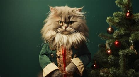 Premium AI Image | A fluffy cat in a festive costume stands near a fir ...