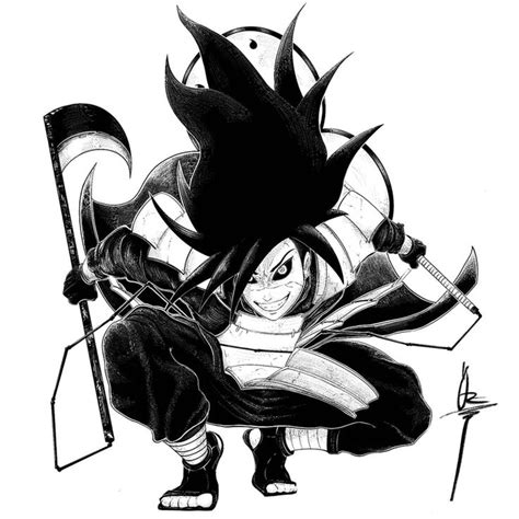 a black and white drawing of an anime character holding two swords ...