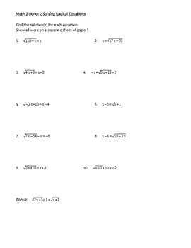 Solving Radical Equations worksheet by Sarah Dragoon | TpT