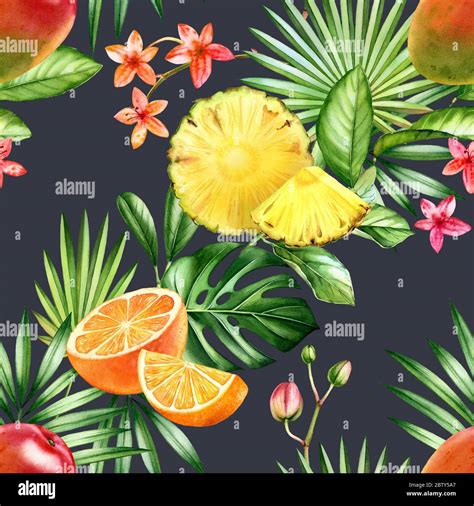 Watercolor tropical seamless pattern. Ananas, orange, mango fruits ...