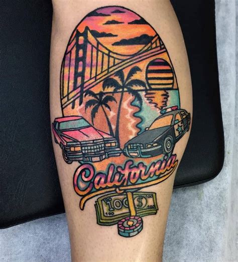 Traditional style California tattoo on the calf.