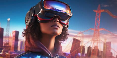 Premium AI Image | Generation Alpha wearing VR headset against blurry city background