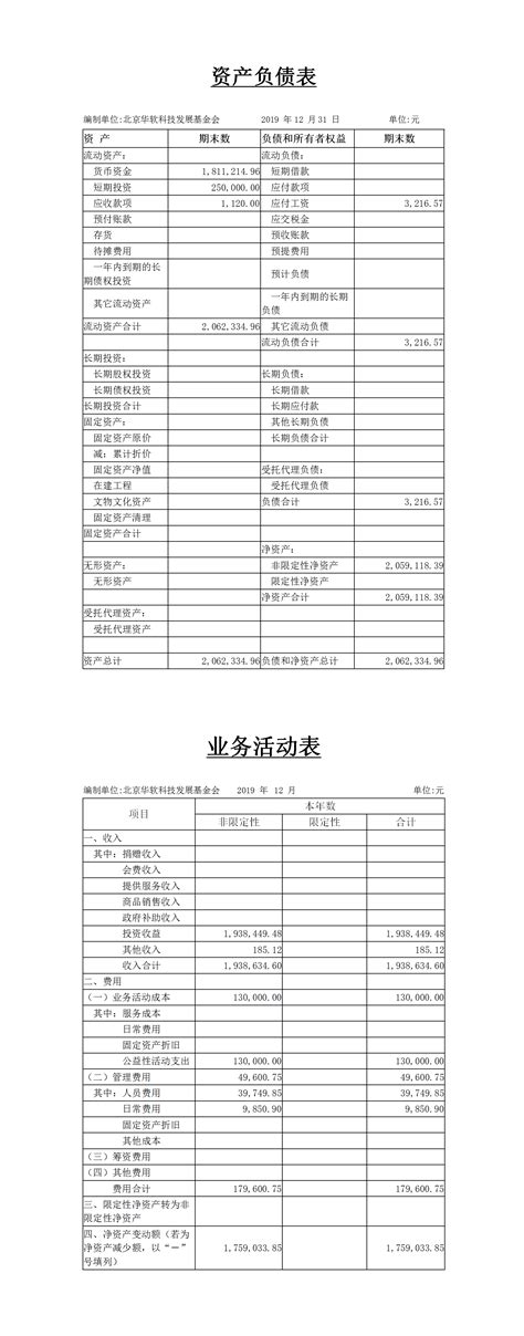 2019年度财务报表_财务披露_信息公开_北京华软科技发展基金会