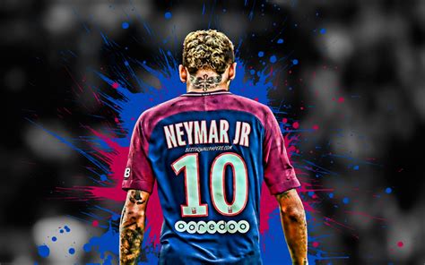 Download wallpapers Neymar, blue and purple blots, brazilian footballers, PSG, back view, soccer ...