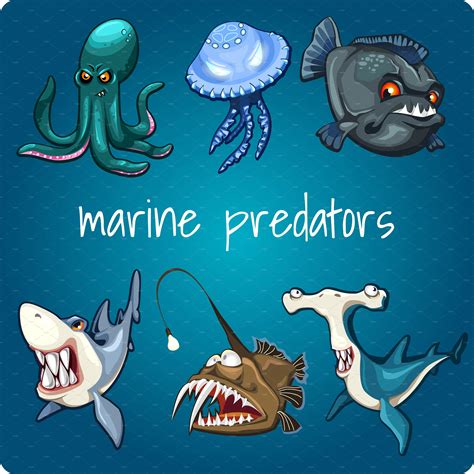 marine predators on blue background - animals characters