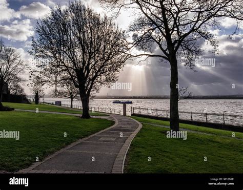 Purfleet,Essex,Great London. Thames path next to the river Estuary with ...