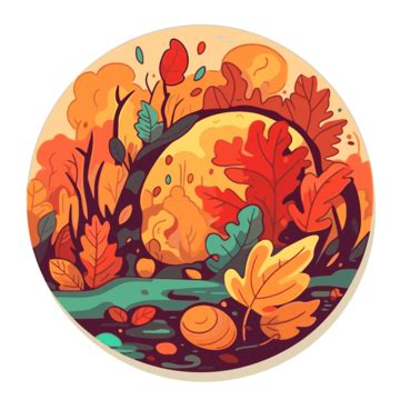 Round Design With An Autumn Forest Clipart Vector, Sticker Design With Cartoon Fall Foliage ...