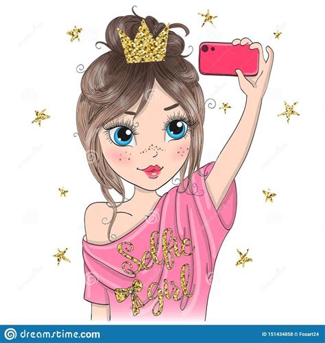 Hand Drawn Beautiful Cute Selfie Girl with Smart Phone. Stock Vector ...