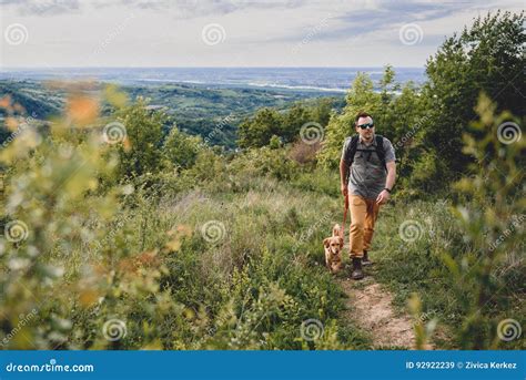 Man with a Dog Walking Along a Hiking Trail Stock Image - Image of ...