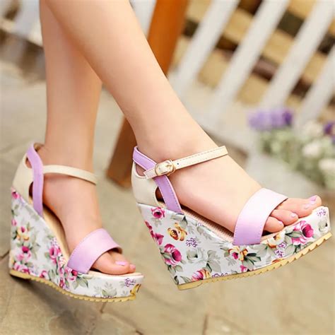 2019 Womens Summer Wedge Sandals Shoes Footwear Floral Printed Purple Blue Beige Single Belt ...