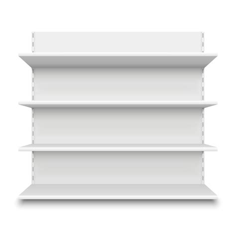 Empty supermarket shelf. Retail store white blank shelves for merchand ...