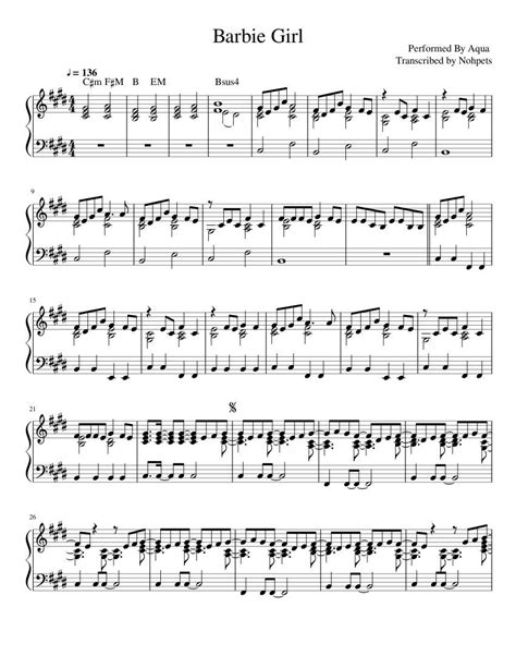 Aqua Barbie Girl Sheet Music For Piano Solo (chords, Lyrics, Melody ...