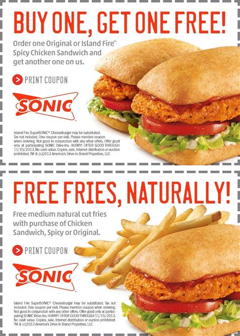 Pinned November 9th: Fries or a second chicken sandwich free at #Sonic Drive-In coupon via The ...