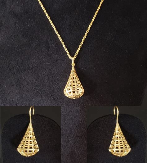 Gold Vermeil Pendant Necklace & Earring Set, Empty Solid Cone Shape ...