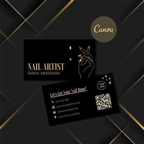 Gold black nail tech business card canva template editable nail salon ...