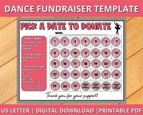 Dance Calendar Fundraiser Pick a Date to Donate Printable - Etsy ...