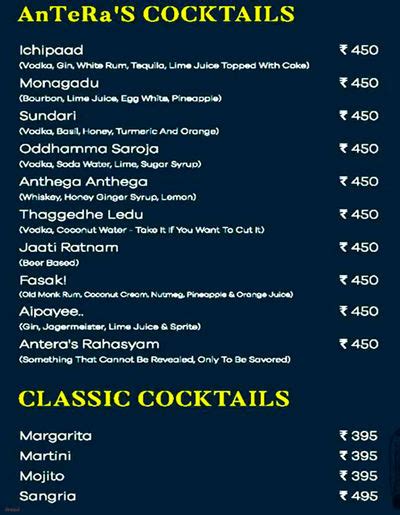 Menu of Antera Kitchen and Bar, Near MCH Herbal Garden, Jubilee Hills,Hyderabad | Dineout