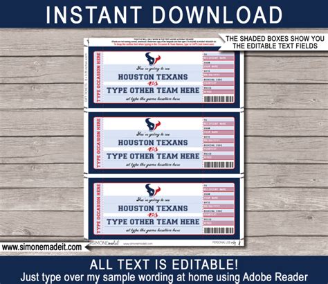 Houston Texans Game Ticket Gift Voucher | Printable Surprise Football ...