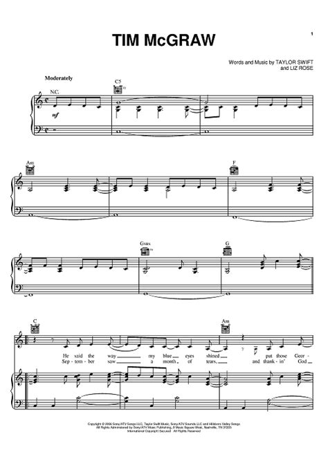 Tim McGraw" Sheet Music by Taylor Swift for Piano/Vocal/Chords - Sheet Music Now