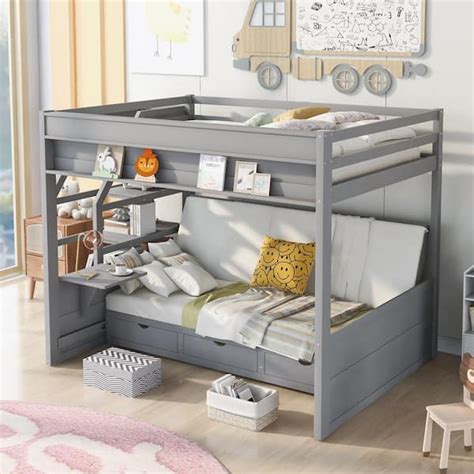 Harper & Bright Designs Gray Full Size Convertible Wood Bunk Bed with ...