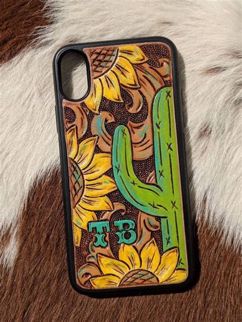 Custom Tooled Leather Phone Case With Cactus and Sunflowers - Etsy | Tooled leather phone case ...