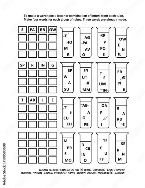 Word game (English language) for kids or adults: Make four words for each group of tubes by ...