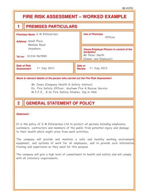 FIRE RISK ASSESSMENT â WORKED EXAMPLE