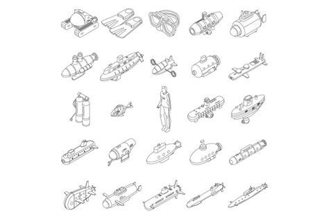 Bathyscaphe icons set vector outline