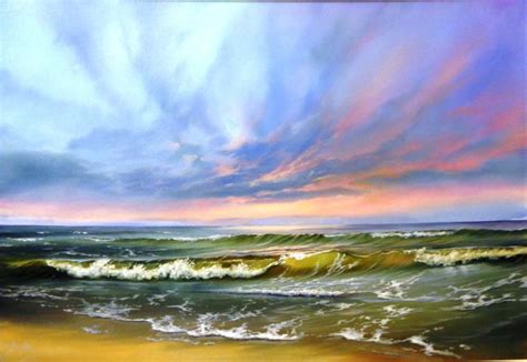 an oil painting of the ocean with waves coming in to shore and colorful clouds above