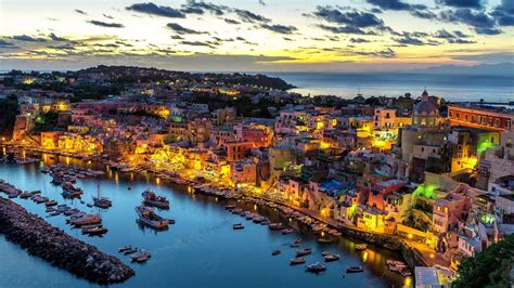 Naples Campania Procida Italy Lights Bay Landscape Sea Sunset Island Wallpaper - Resolution ...