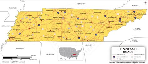 Tennessee Road Map with Interstate Highways and US Highways