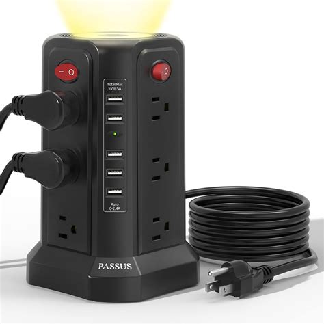 Buy Surge Protector Power Strip Tower with 5 USB Ports and Night Light, 10FT Extension Cord with ...