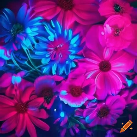 Neon pink and electric blue textured flowers on Craiyon