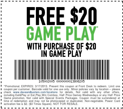 Dave and Busters: Free $20 Game Play Printable Coupon | Dave & busters ...