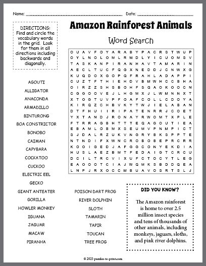 Amazon Rainforest Animals Word Search