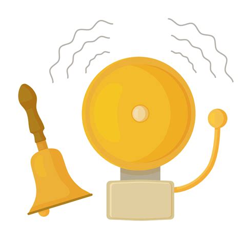 Cartoon golden school bell with noise sound vector flat illustration. Ringing classic electric ...