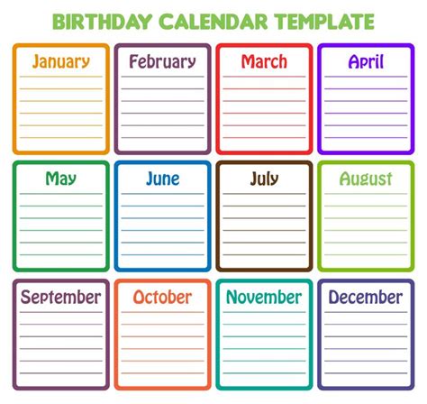 Printable Birthday Calendar Template | Birthday charts, Calendar template, Birthday calendar