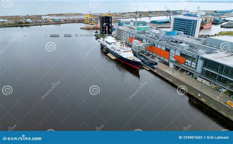 Royal Yacht Britannia at Ocean Terminal Edinburgh - Aerial View - EDINBURGH, SCOTLAND - OCTOBER ...