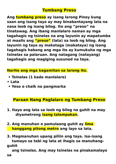 Tumbang preso - pambansang laro - Tumbang Preso Ang tumbang preso ay isang larong Pinoy kung ...