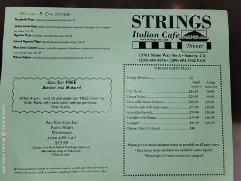 Menu at Strings Italian Cafe, Sonora